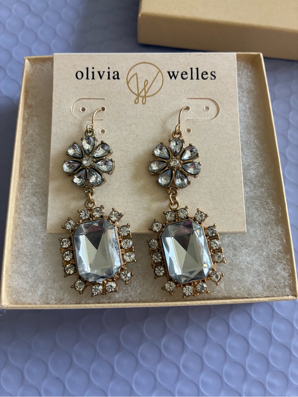 Olivia Welles Gold and Clear Crystal Floral Drop Earrings